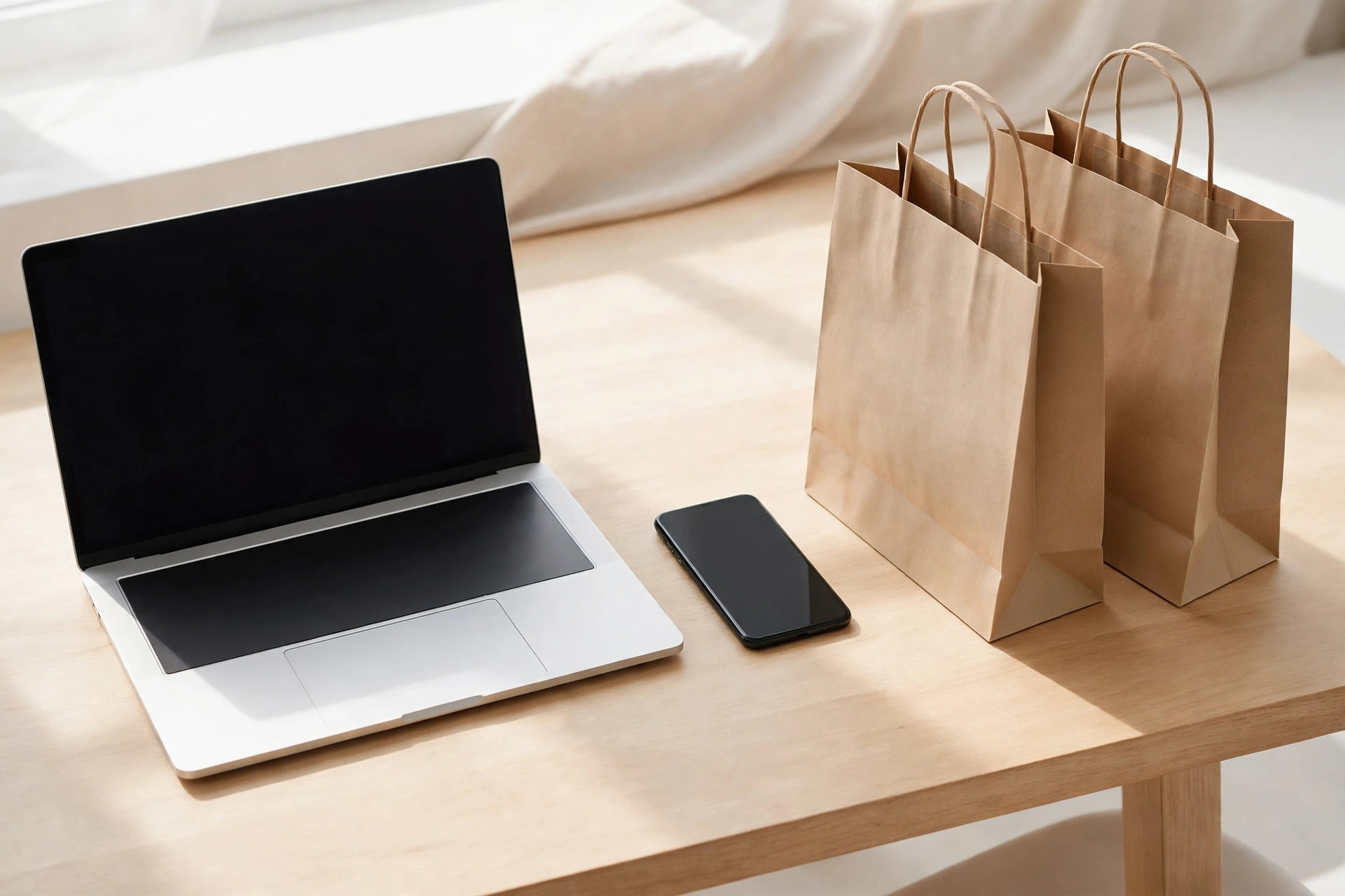 Laptop, smartphone, and paper shopping bags on a bright wooden desk