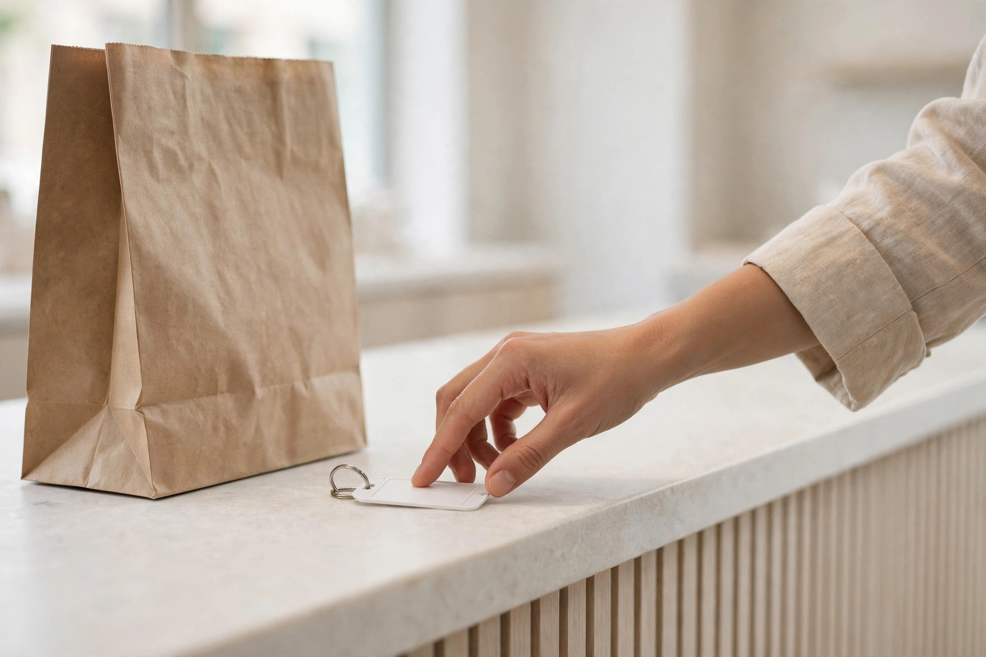 Hand placing a blank loyalty key tag on a store counter beside a paper shopping bag