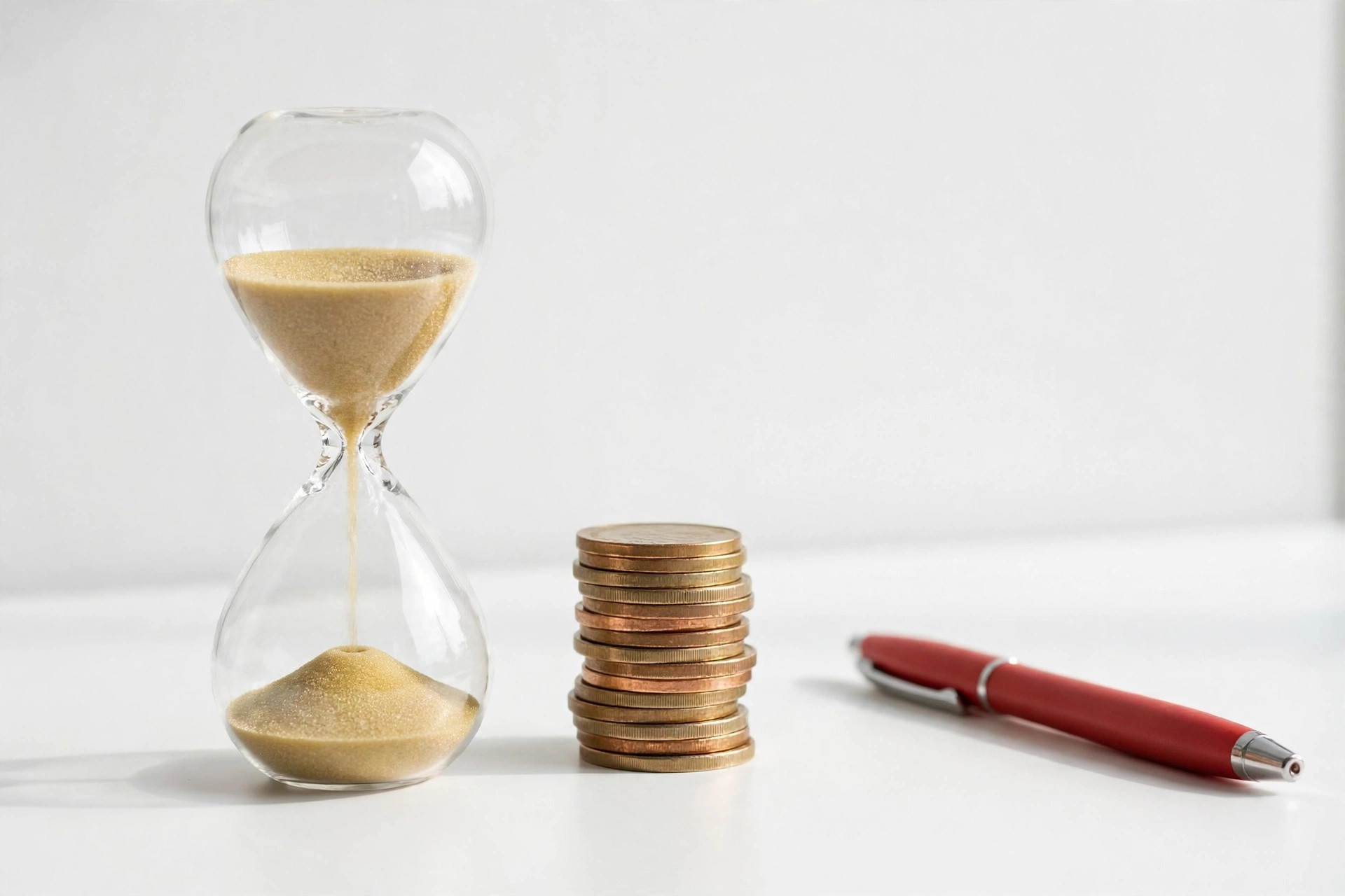 Hourglass running beside a stack of coins and a red pen on a white desk